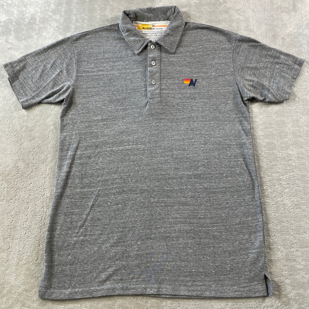 Aviator Nation  Polo Shirt Mens Medium Heather Gray Tri Blend Logo Preppy USA